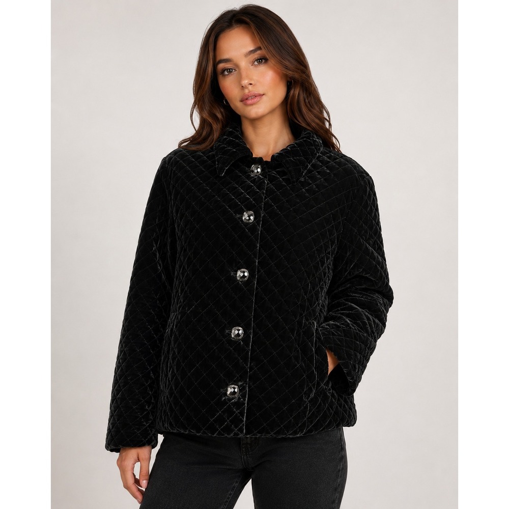 JM Collection Woman Black Quilted Velvet Jacket Plus Size 16W Diamond Pattern